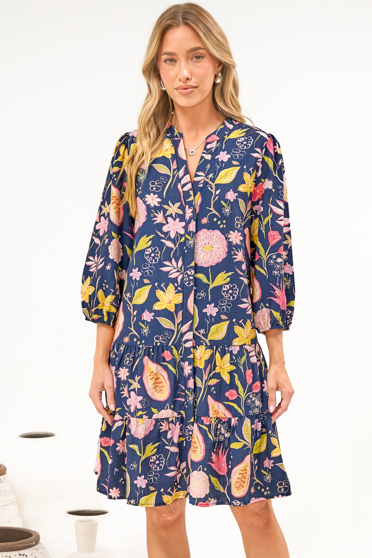Cadell 3/4 Sleeve Mini Dress - Mandarin Collar Button Down Dress in Lanikai Print