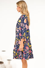 Cadell 3/4 Sleeve Mini Dress - Mandarin Collar Button Down Dress in Lanikai Print