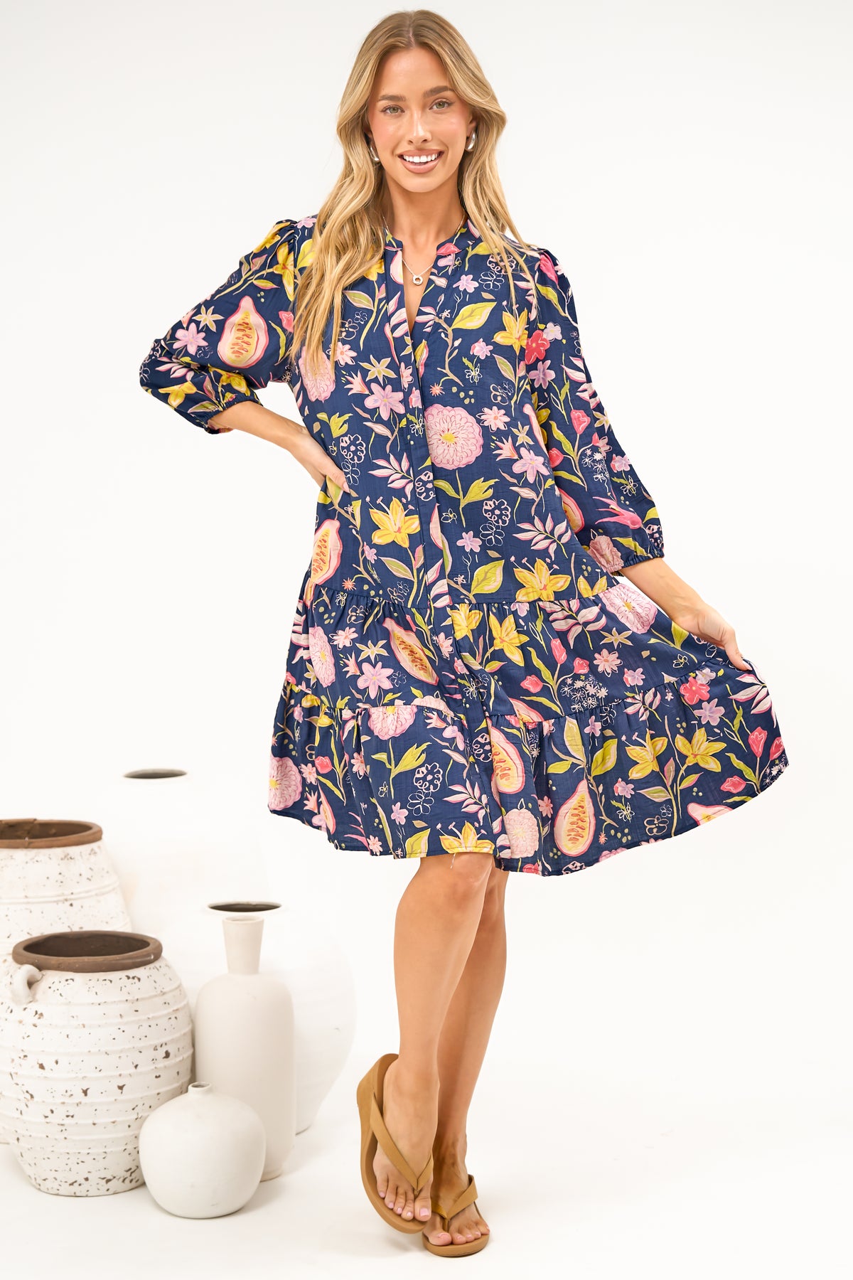Cadell 3/4 Sleeve Mini Dress - Mandarin Collar Button Down Dress in Lanikai Print