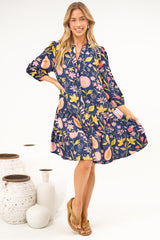 Cadell 3/4 Sleeve Mini Dress - Mandarin Collar Button Down Dress in Lanikai Print