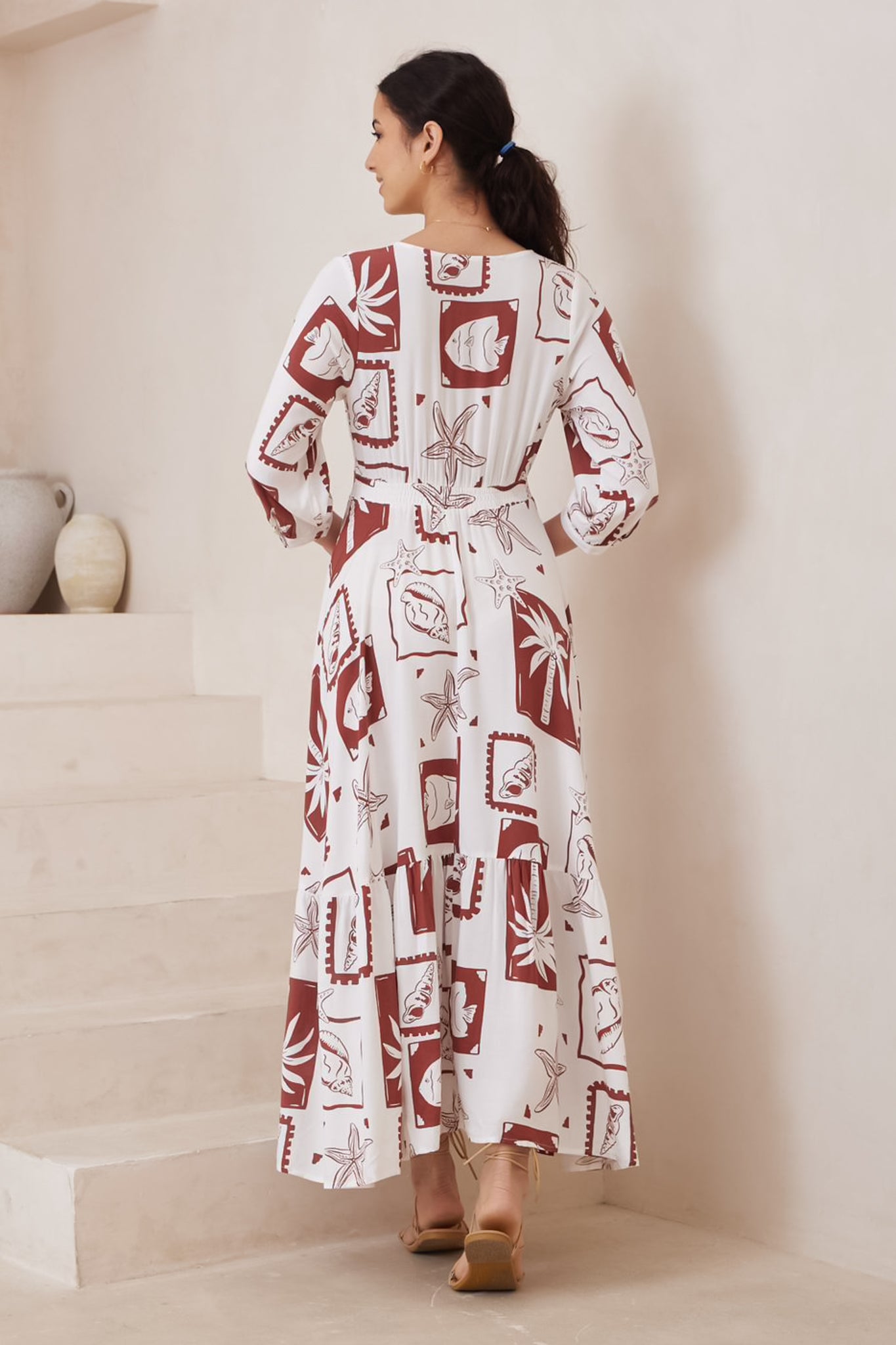 Cadie Maxi Dress - V Neck Buttoned Bodice 3/4 Sleeve Dress in Beachside Print