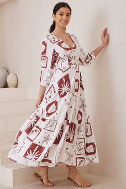 Cadie Maxi Dress - V Neck Buttoned Bodice 3/4 Sleeve Dress in Beachside Print