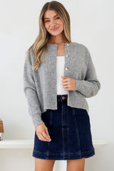 Caelan Cardigan - Crew Neck Tortoise Shell Button Crop Knit in Grey