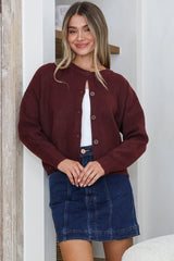 Caelan Cardigan - Crew Neck Gold Trim Matching Buttoned Crop Knit in Wine