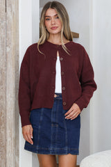 Caelan Cardigan - Crew Neck Gold Trim Matching Buttoned Crop Knit in Wine