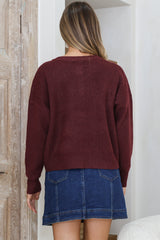 Caelan Cardigan - Crew Neck Gold Trim Matching Buttoned Crop Knit in Wine