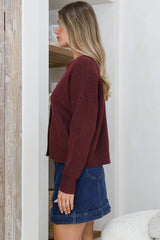 Caelan Cardigan - Crew Neck Gold Trim Matching Buttoned Crop Knit in Wine