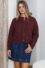 Caelan Cardigan - Crew Neck Gold Trim Matching Buttoned Crop Knit in Wine