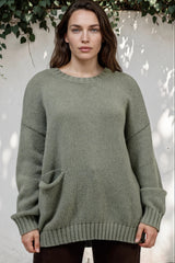 Caesar Jumper - Crew Neck Long Knit with Pocket and Ribbed Hemlines in Green