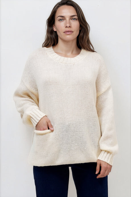 Model wearing Caesar Jumper in Beige from Salty Crush