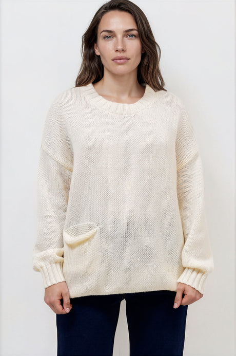 Model wearing Caesar Jumper in Beige from Salty Crush