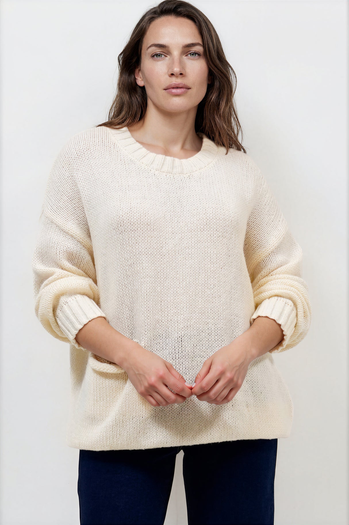 Model wearing Caesar Jumper in Beige from Salty Crush