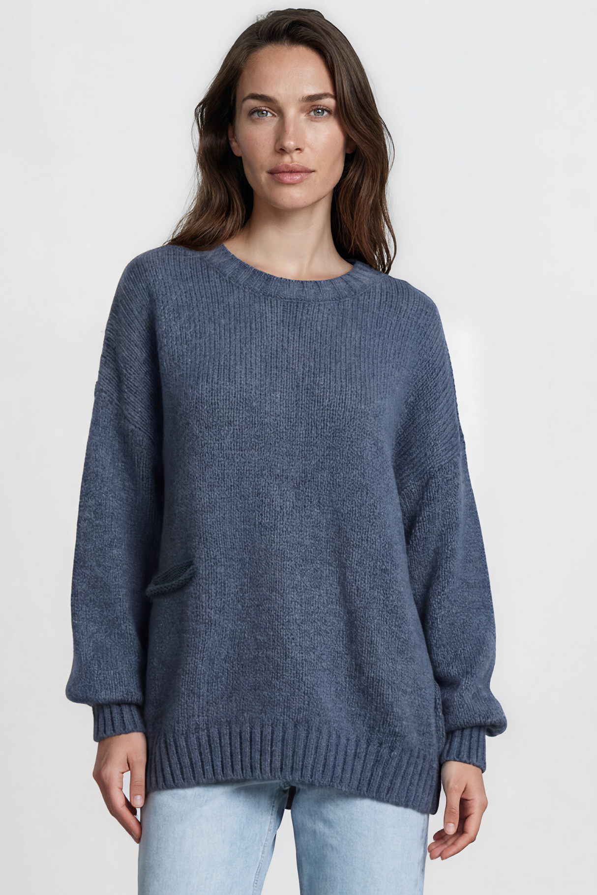 Model wearing Caesar Jumper in Blue from Salty Crush
