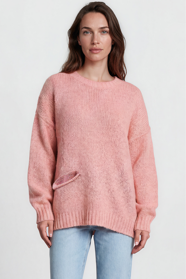 Model wearing Caesar Jumper in Pink from Salty Crush