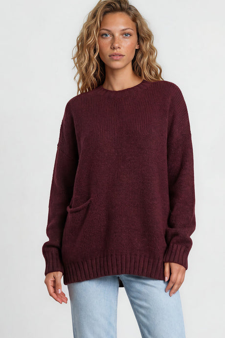 Model wearing Caesar Jumper in Wine from Salty Crush