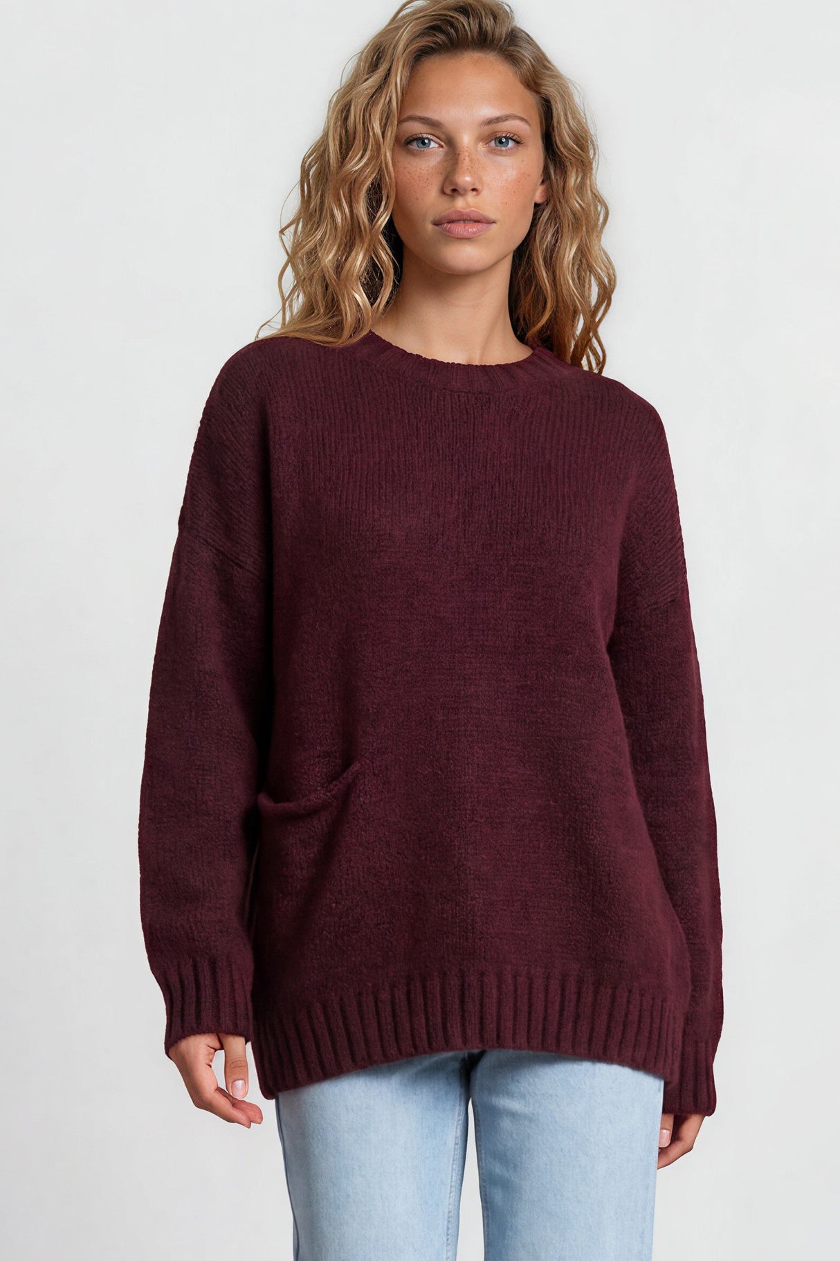 Model wearing Caesar Jumper in Wine from Salty Crush