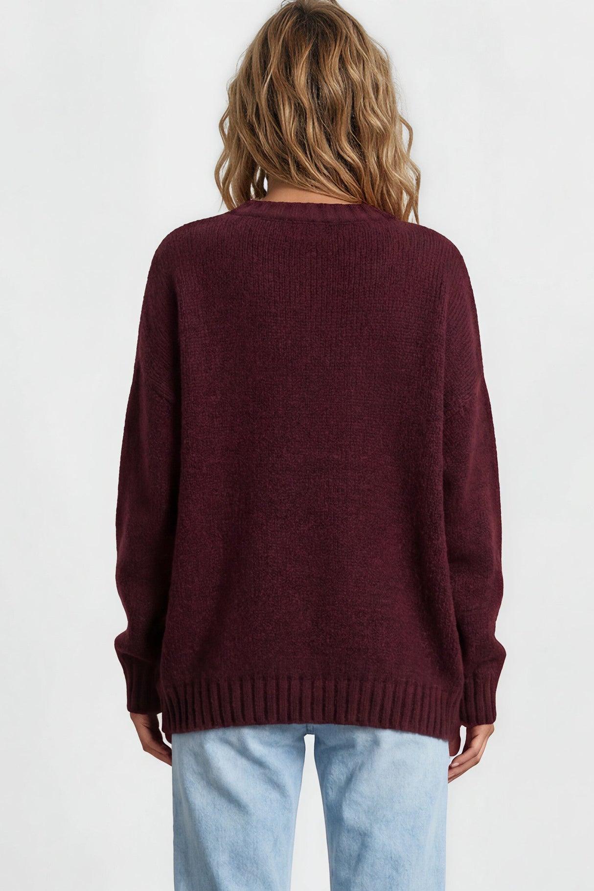 Model wearing Caesar Jumper in Wine from Salty Crush