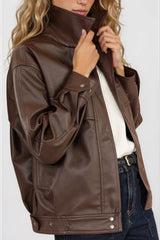Caleb Jacket - PU Leather Relaxed Utility Jacket in Chocolate