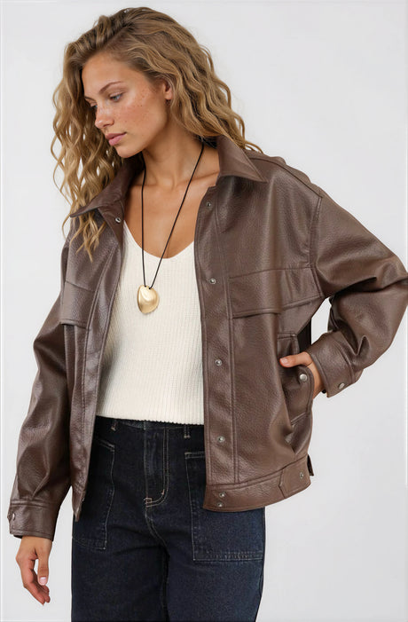 Caleb Jacket - PU Leather Relaxed Utility Jacket in Chocolate
