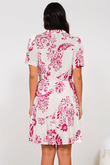Calisti Mini Dress - Mandarin Collar Button Down Dress with Waist Tie in Honnie Print