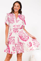 Calisti Mini Dress - Mandarin Collar Button Down Dress with Waist Tie in Honnie Print