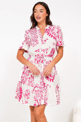 Calisti Mini Dress - Mandarin Collar Button Down Dress with Waist Tie in Honnie Print