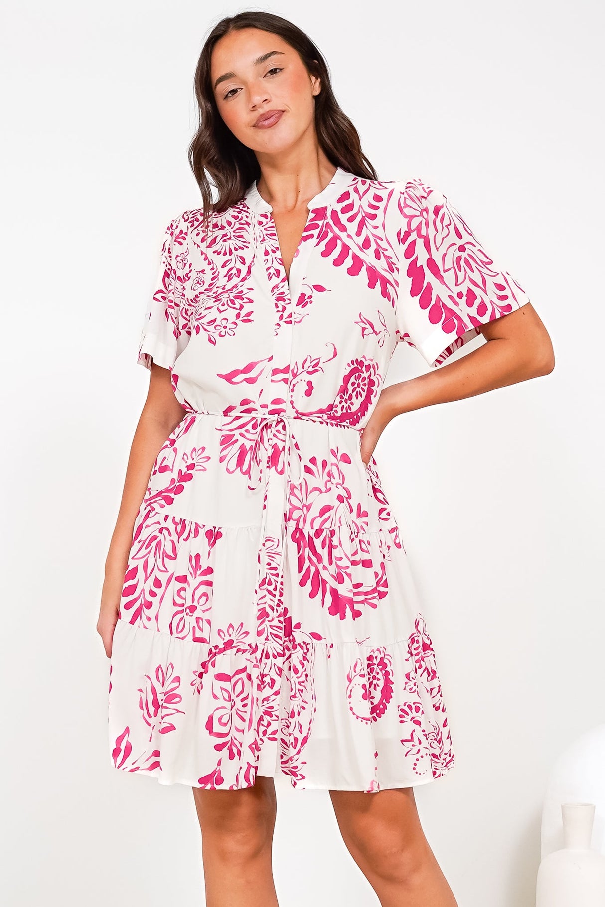 Calisti Mini Dress - Mandarin Collar Button Down Dress with Waist Tie in Honnie Print