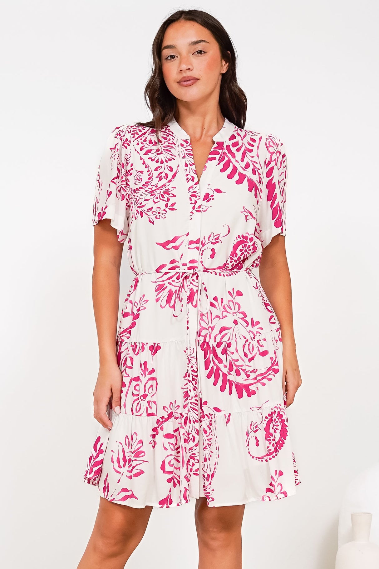 Calisti Mini Dress - Mandarin Collar Button Down Dress with Waist Tie in Honnie Print