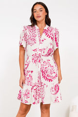 Calisti Mini Dress - Mandarin Collar Button Down Dress with Waist Tie in Honnie Print