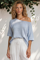 Model wearing Callie Knit Top in Blue from Salty Crush