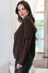 Calloway Knit Top - Crew Neck Knit with Lace Sleeve Inserts in Chocolate