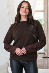Calloway Knit Top - Crew Neck Knit with Lace Sleeve Inserts in Chocolate