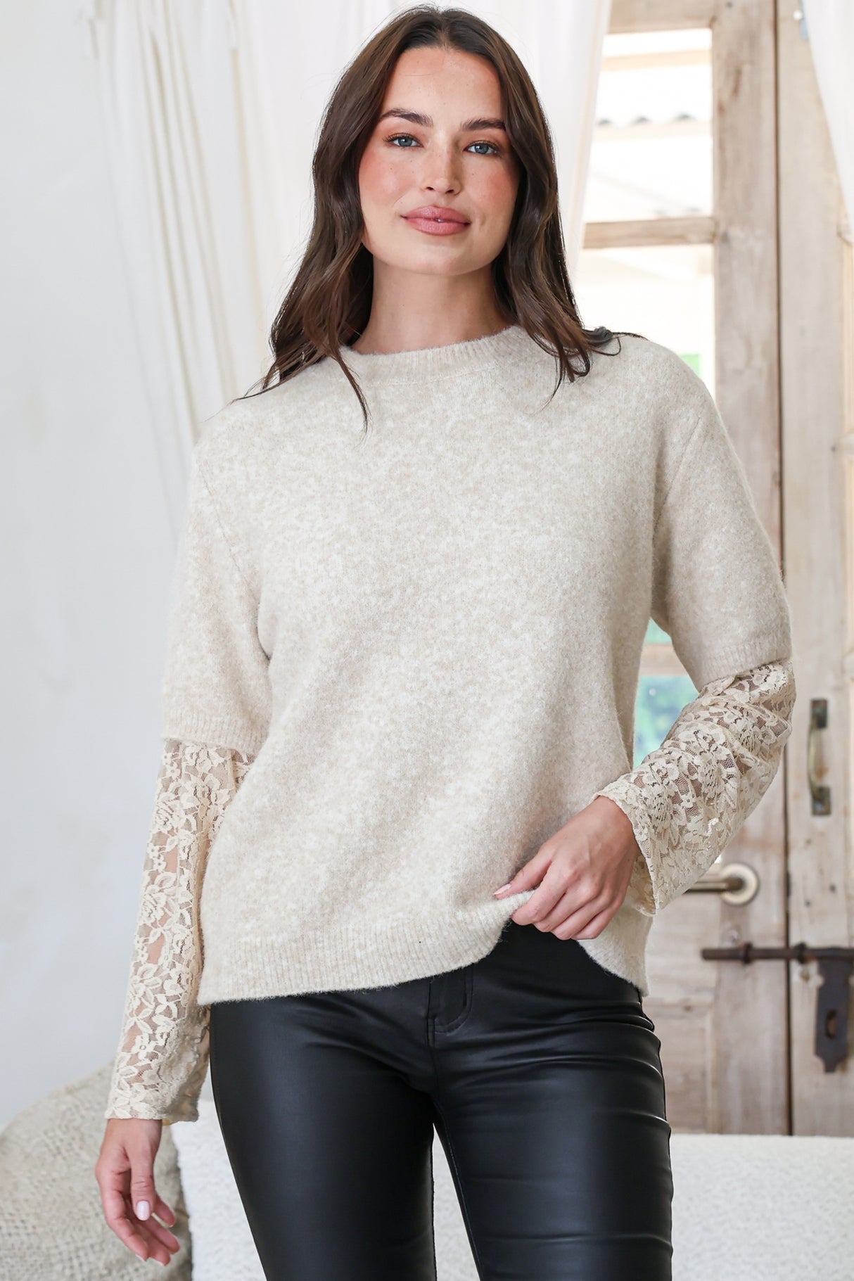 Calloway Knit Top - Crew Neck Knit with Lace Sleeve Inserts in Cream