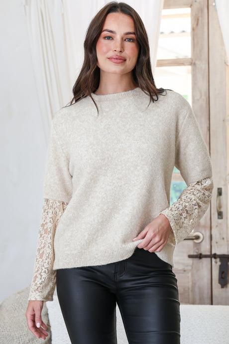 Calloway Knit Top - Crew Neck Knit with Lace Sleeve Inserts in Cream