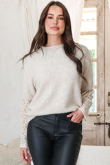 Model wearing Calloway Knit Top in Cream from Salty Crush