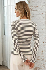 Cameron Knit Top - Button Neckline Ribbed Striped Top in Black