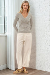 Cameron Knit Top - Button Neckline Ribbed Striped Top in Black