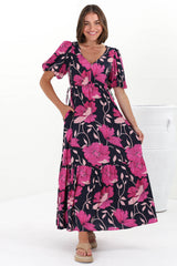 Camilla Maxi Dress - V-Neck Pull Tie Short Sleeve Dress in Ambi Print