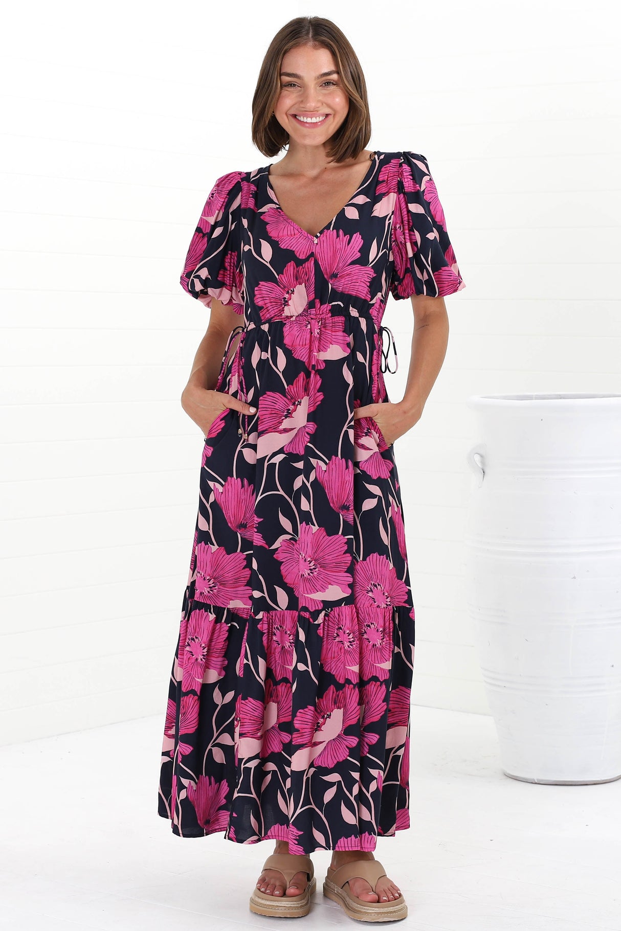 Camilla Maxi Dress - V-Neck Pull Tie Short Sleeve Dress in Ambi Print