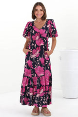 Camilla Maxi Dress - V-Neck Pull Tie Short Sleeve Dress in Ambi Print