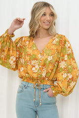 Sundays Top - Long Sleeve Crop Top with V-Neckline and Button Front in Camira Print