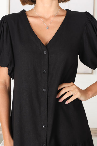 Cammy Mini Dress - V Neck Button Down Smock with Short Billow Sleeves in Black