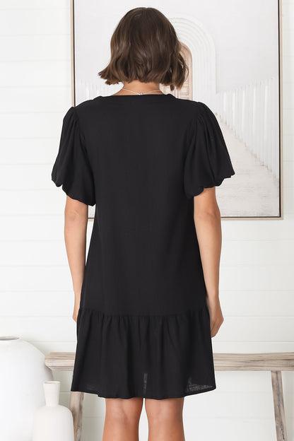 Cammy Mini Dress - V Neck Button Down Smock with Short Billow Sleeves in Black