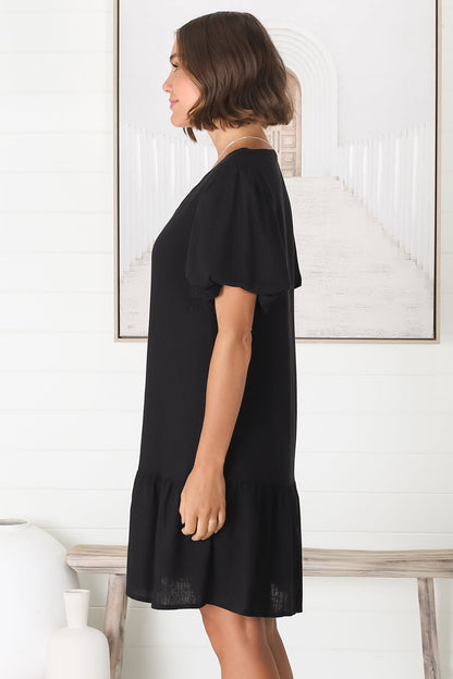 Cammy Mini Dress - V Neck Button Down Smock with Short Billow Sleeves in Black