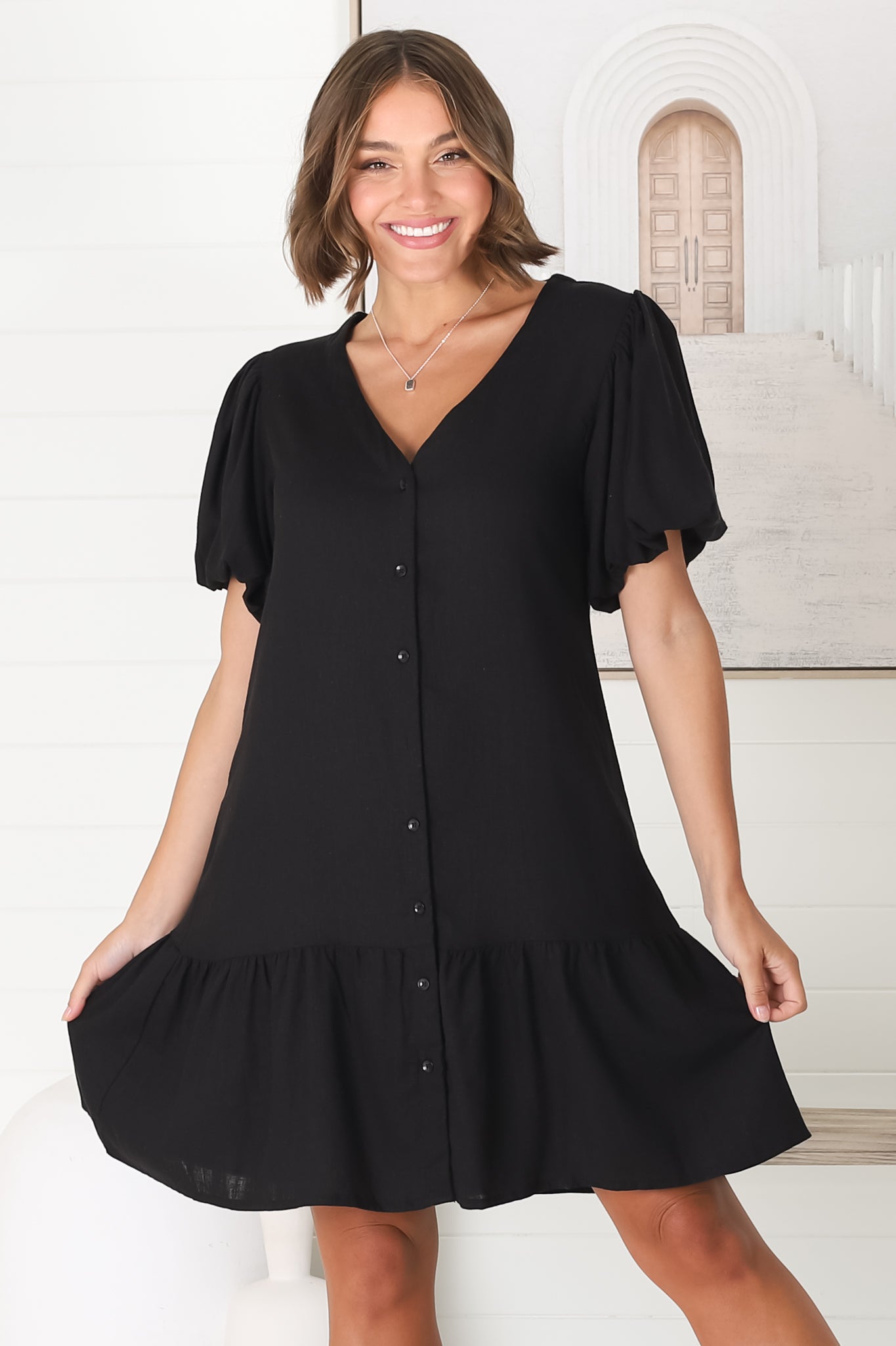 Cammy Mini Dress - V Neck Button Down Smock with Short Billow Sleeves in Black