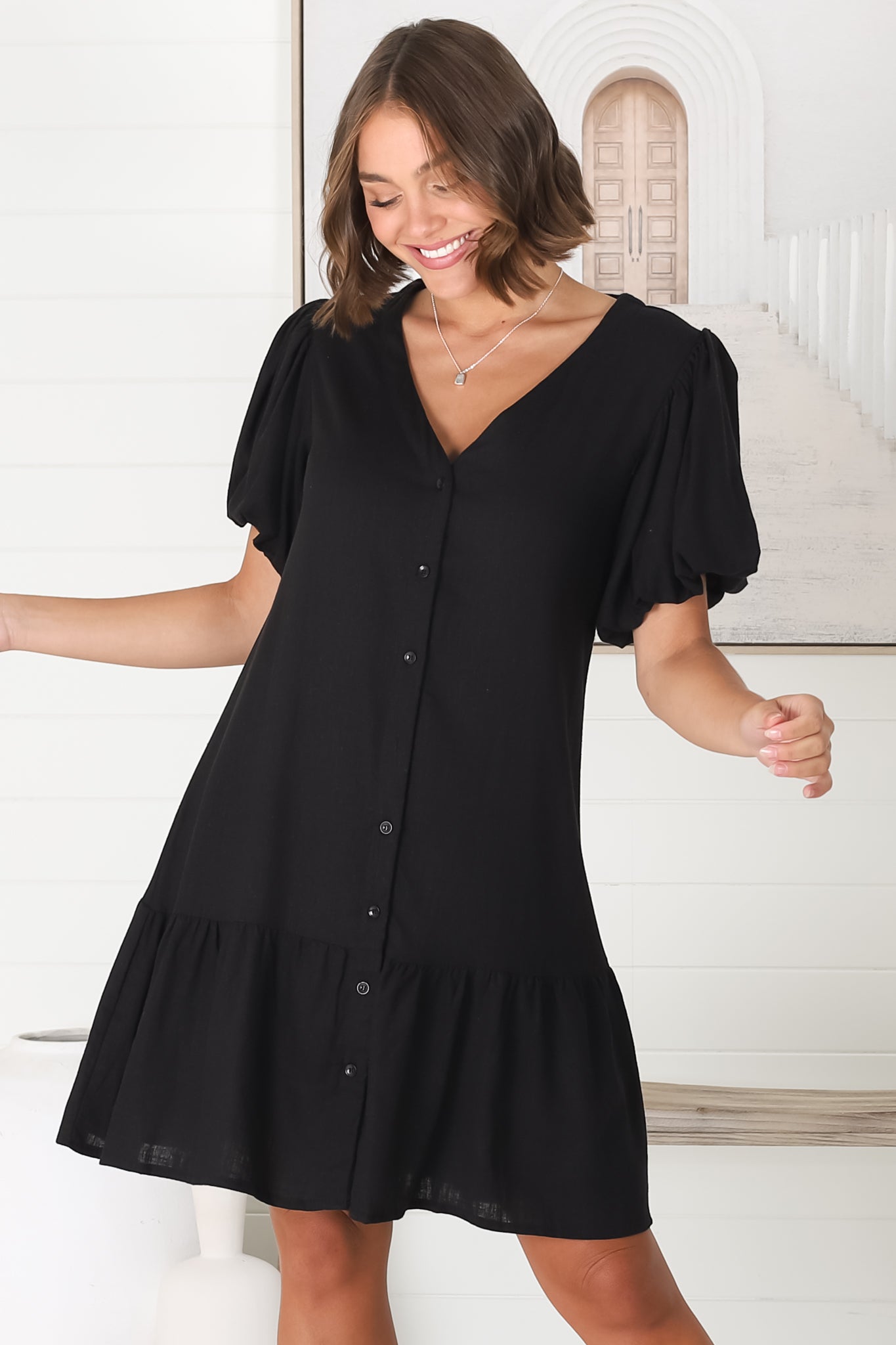 Cammy Mini Dress - V Neck Button Down Smock with Short Billow Sleeves in Black