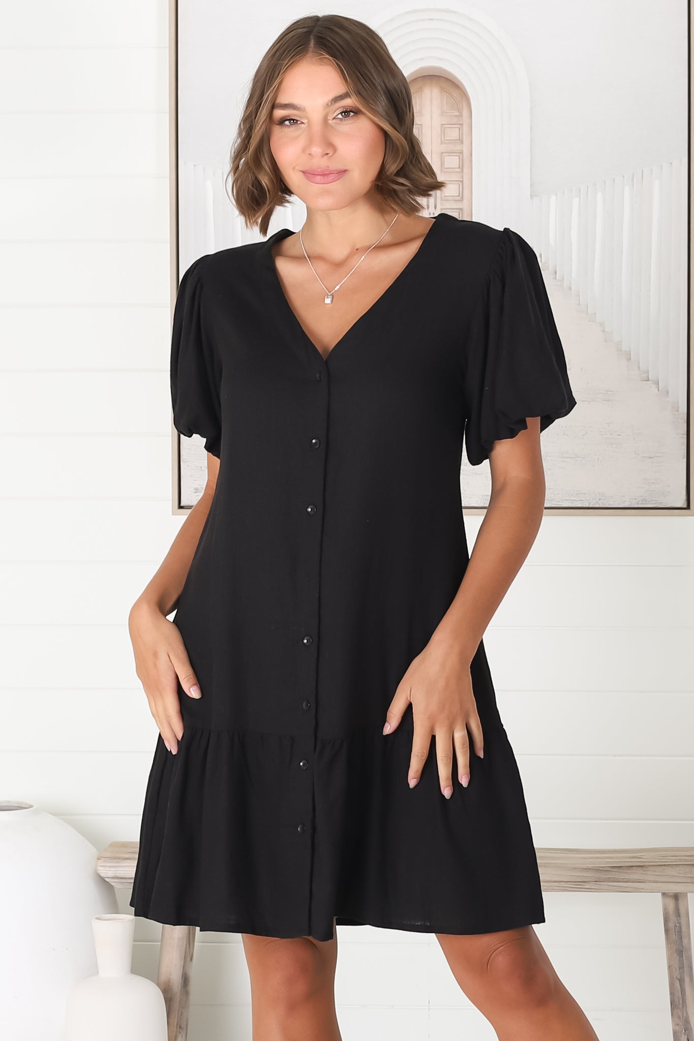 Cammy Mini Dress - V Neck Button Down Smock with Short Billow Sleeves in Black