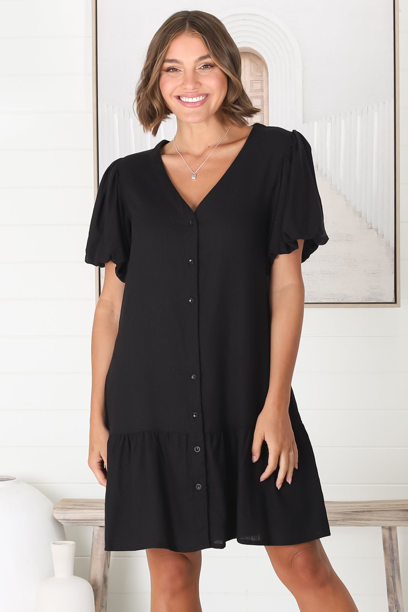 Cammy Mini Dress - V Neck Button Down Smock with Short Billow Sleeves in Black