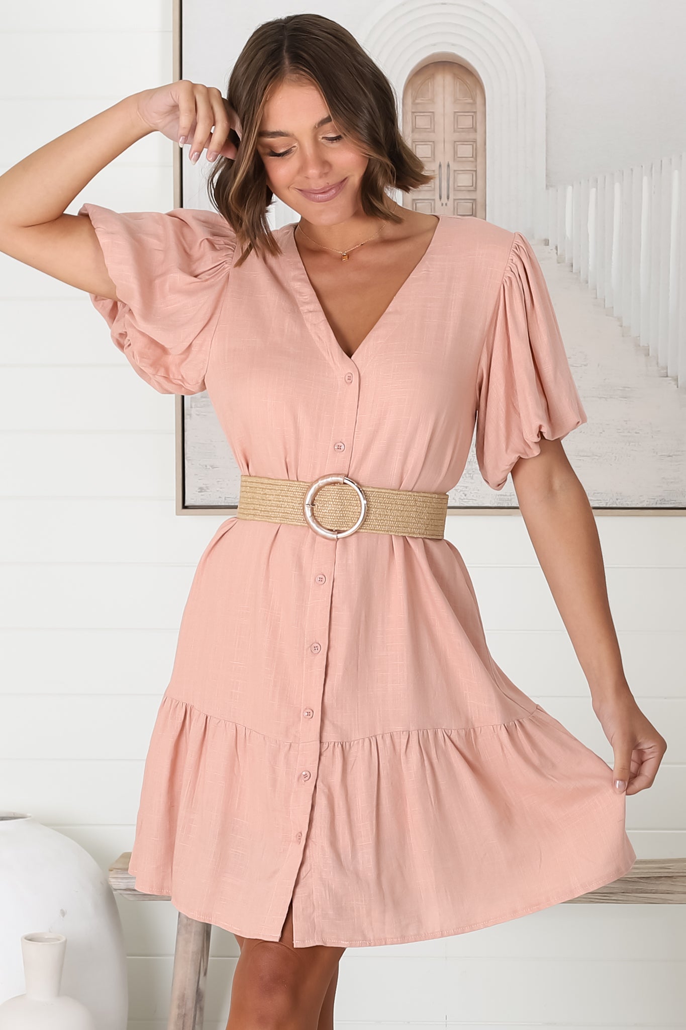 Cammy Mini Dress V Neck Button Down Smock with Short Billow Sleeves in Blush