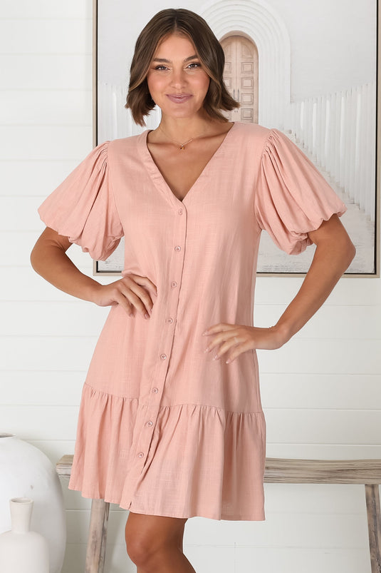 Cammy Mini Dress - V Neck Button Down Smock with Short Billow Sleeves in Blush